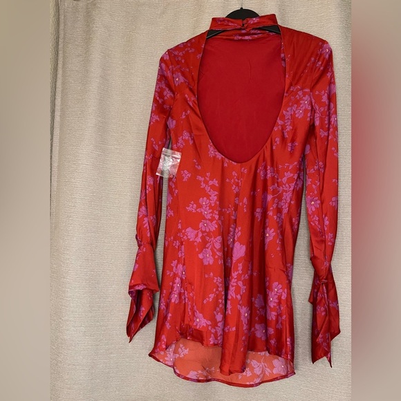 NWOT Free People Aries Red Floral Long Sleeve Open Back Mini Dress size Small - Picture 4 of 14